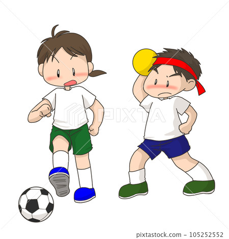 Elementary school students playing soccer and dodgeball Elementary school students playing soccer and dodgeball 105252552