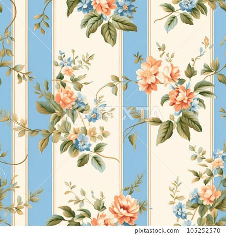 Seamless pattern with flowers, classic country cottage style floral and stripes print for wallpaper, fabric and product design, generative ai Seamless pattern with flowers, classic country cottage style floral and stripes print for wallpaper, fabric and product design, generative ai 105252570