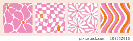 1970 Daisy Flowers, Trippy Grid, Wavy Swirl Seamless Pattern in Orange, Pink Colors. Hand-Drawn Vector Illustration. Seventies Style, Groovy Background, T-Shirts. Flat Design, Hippie Aesthetic. 105252916