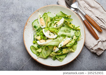 Healthy green avocado salad bowl with boiled eggs, sliced cucumbers, edamame beans, olive oil and herbs on ceramic plate top view, grey stone rustic table background 105252931