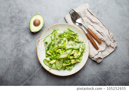 Healthy vegan green avocado salad bowl with sliced cucumbers, edamame beans, olive oil and herbs on ceramic plate top view, grey stone rustic table background Healthy vegan green avocado salad bowl with sliced cucumbers, edamame beans, olive oil and herbs on ceramic plate top view, grey stone rustic table background 105252935