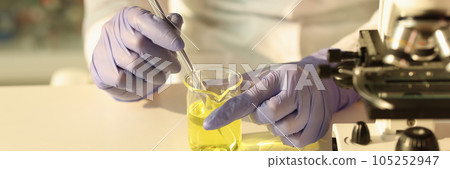 The scientist hands with a pipette in a yellow liquid The scientist hands with a pipette in a yellow liquid 105252947