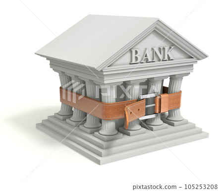 Bank 3d icon with tighten belt - 3d illustration of banking crisis concept Bank 3d icon with tighten belt - 3d illustration of banking crisis concept 105253208