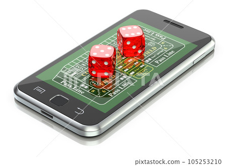 Online gambling concept with dice and craps table on the mobile - 3D illustration 105253210
