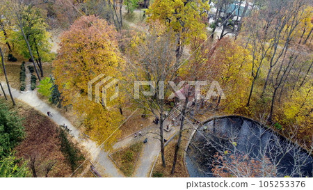 Beautiful view of park, trees with yellow falling leaves, architecture, lake and people walking on dirt paths on autumn sunny day. City Park. Natural autumn background. Aerial drone view. Top view. 105253376