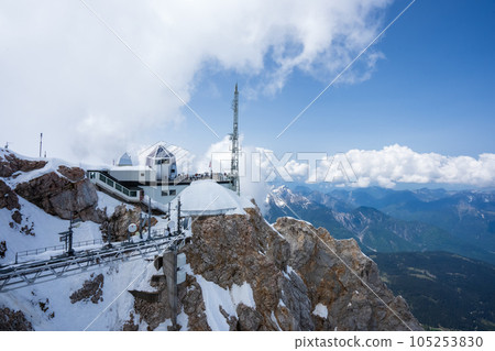 View of Zugspitze and cable car station in the Alps. 105253830