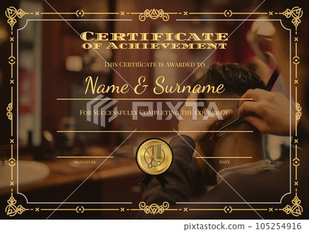 Certificate of achievement over caucasian female barber cutting asian man hair Certificate of achievement over caucasian female barber cutting asian man hair 105254916