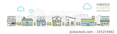 矢量圖的城市景觀兩旁排列著簡單的商店 矢量圖的城市景觀兩旁排列著簡單的商店 105254982
