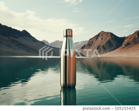 Aluminum bottle holding up against a lake 105255425