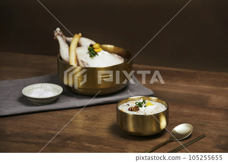 korean traditional food samgyetang and dakjuk, chicken soup with ginseng and chicken rice porridge korean traditional food samgyetang and dakjuk, chicken soup with ginseng and chicken rice porridge 105255655