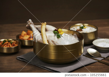 korean traditional food samgyetang and dakjuk, chicken soup with ginseng and chicken rice porridge korean traditional food samgyetang and dakjuk, chicken soup with ginseng and chicken rice porridge 105255661