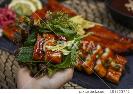 korean traditional food, grilled eel wraps korean traditional food, grilled eel wraps 105255741