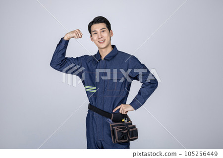 millennials and gen z, korean asian young man, site staff with hand motion 105256449