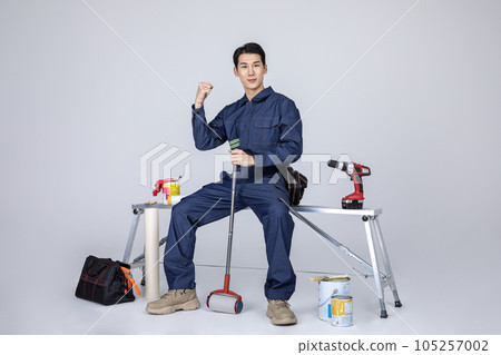 millennials and gen z, korean asian young man, site staff sitting in the work field millennials and gen z, korean asian young man, site staff sitting in the work field 105257002
