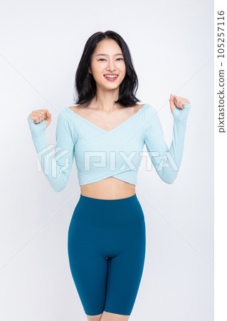 healthy beauty concept photo of korean asian beautiful woman with hand motion 105257116