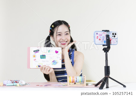 vintage y2k retro concept photo of korean asian cute woman filming diary decoration 105257141
