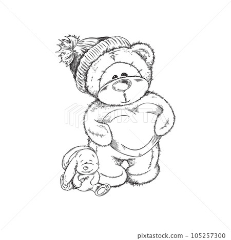 Teddy bear with toy bunny, ink or pencil sketch vector illustration isolated. Teddy bear with toy bunny, ink or pencil sketch vector illustration isolated. 105257300