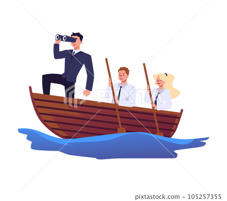 Businessman with team sailing on boat, looks ahead through binoculars, leadership in business crisis vector illustration Businessman with team sailing on boat, looks ahead through binoculars, leadership in business crisis vector illustration 105257355
