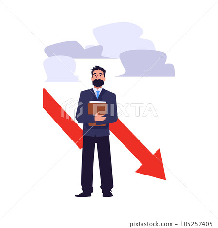 Businessman with documents stands under the cloud, business mistake, risk management vector illustration, red chart down Businessman with documents stands under the cloud, business mistake, risk management vector illustration, red chart down 105257405