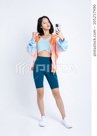 healthy beauty concept photo of korean asian beautiful woman taking selfie mirror 105257490