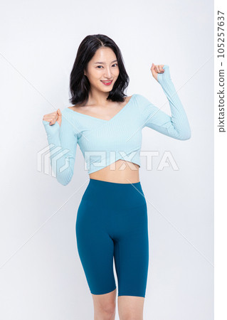 healthy beauty concept photo of korean asian beautiful woman with hand motion 105257637