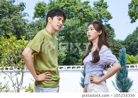 summer lifestyle, korean asian young couple fighting over discomfort Index summer lifestyle, korean asian young couple fighting over discomfort Index 105258356