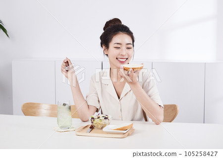 summer lifestyle, korean asian young woman smiling with brunch 105258427