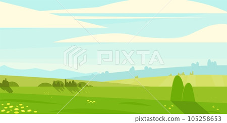 Cartoon meadow landscape. Rural scene with grass trees grass and flowers, country field with bush. Vector countryside scenery illustration 105258653