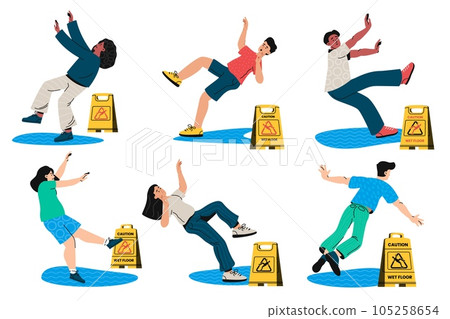 People slip on wet floor. Yellow caution sign, fall down accident, health hazard and danger. Vector man and woman stumble down on wet surface 105258654