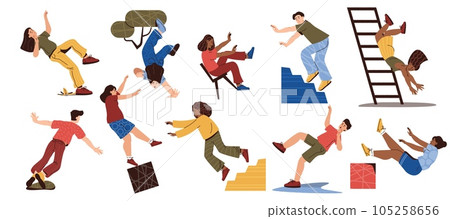 People slipping and falling. Cartoon characters stumble and fall down, accident risk warning and caution sign. Vector isolated set 105258656