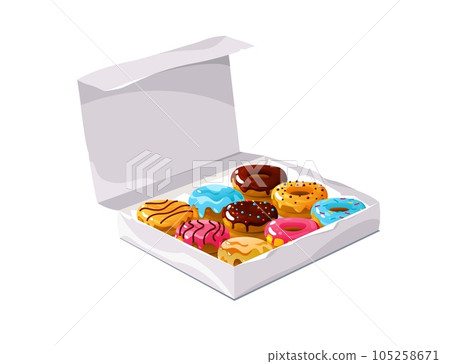Donuts in the box. Sweet snack dough in box, chocolate cake dough in paper box with logo, appetizing glazed dessert. Vector colorful set Donuts in the box. Sweet snack dough in box, chocolate cake dough in paper box with logo, appetizing glazed dessert. Vector colorful set 105258671