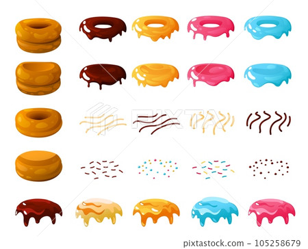Donut cake kit. Cartoon bakery sweet doughnut types, colorful glazed pastry with toppings, tasty dessert bakery products. Vector isolated set 105258679
