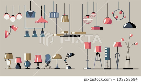 Interior lamps collection. Cartoon table lamps and floor lamps, home and office illumination, trendy decorative light bulbs. Vector isolated set 105258684