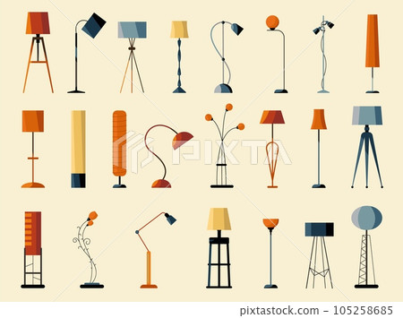 Floor lamp collection. Elegant modern classic silhouette, cartoon room interior design with light bulbs. Vector set 105258685