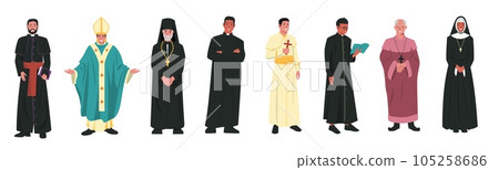 Catholic church characters. Christian religion church leaders in different clothes, catholicism religious clergyman pastor priest pope. Vector cartoon set Catholic church characters. Christian religion church leaders in different clothes, catholicism religious clergyman pastor priest pope. Vector cartoon set 105258686