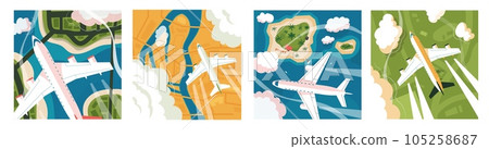 Plane aerial view. Summer landscape with flying air transport, top view of blue sky with flying aircraft and clouds, tourism and vacation concept. Vector illustration 105258687
