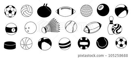 Sport ball icons. Cartoon game ball silhouette flat style, football baseball streetball and volleyball black symbols. Vector isolated collection 105258688