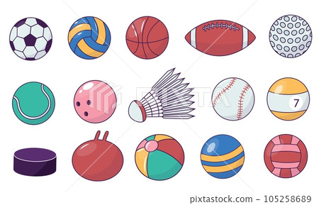 Game ball colletion. Cartoon billiard football and ping-pong balls, leisure sports equipment, flat colorful collection of spheres. Vector isolated set Game ball colletion. Cartoon billiard football and ping-pong balls, leisure sports equipment, flat colorful collection of spheres. Vector isolated set 105258689
