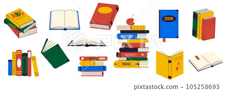 Books collection. Cartoon library of fiction and non fiction books, study and school supply organized and stacked. Vector set 105258693