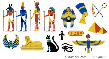 Egyptian mythology collection. Ancient Egyptian religion and archeology, hieroglyphic symbols of ancient pharaohs gods and goddesses. Vector set Egyptian mythology collection. Ancient Egyptian religion and archeology, hieroglyphic symbols of ancient pharaohs gods and goddesses. Vector set 105258695