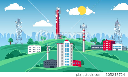 Landscape with transmittion tower. Telecom communication antenna, mobile phone connection, satellite network. Radio communication vector set Landscape with transmittion tower. Telecom communication antenna, mobile phone connection, satellite network. Radio communication vector set 105258724