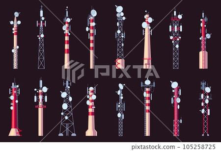Radio towers. Radio antenna for wireless communication and broadcasting, telecommunication network connection and reception technology. Vector set Radio towers. Radio antenna for wireless communication and broadcasting, telecommunication network connection and reception technology. Vector set 105258725