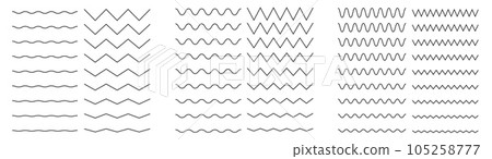 Line wave and zigzag. Curved and straight waveforms for audio equalisation, undulating wavelike elements and zigzag distortion lines. Vector isolated set Line wave and zigzag. Curved and straight waveforms for audio equalisation, undulating wavelike elements and zigzag distortion lines. Vector isolated set 105258777
