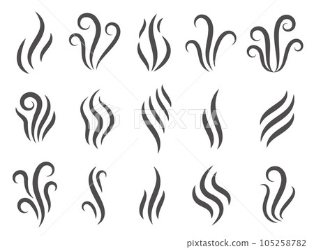 Vapour icons. Line stench smoke stream and boiling cloud icons, fume steam odour scent and aroma elements. Vector flat set Vapour icons. Line stench smoke stream and boiling cloud icons, fume steam odour scent and aroma elements. Vector flat set 105258782