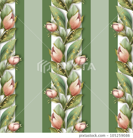 Seamless pattern with tulip flowers on green striped background 105259086
