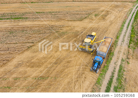 Combine harvester and a tractor working Combine harvester and a tractor working 105259168