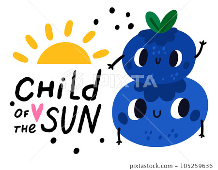 Cute fruits character emblem. Child of sun. Summer beach vacation. Blueberry family. Happy mother and kid. Funny food mascots card. Berries with smiling faces. Vector cartoon square banner 105259636
