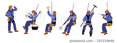 Cartoon industrial climber character. Man in uniforms hanging on safety cable with and winch. Skyscraper window washing. Buildings painting. Professional cleaners. Garish vector set 105259646