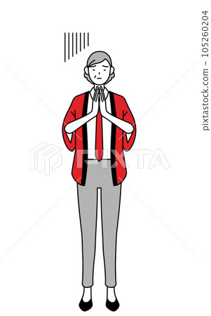 A senior saleswoman wearing a red happi coat who apologizes with her hands in front of her body 105260204