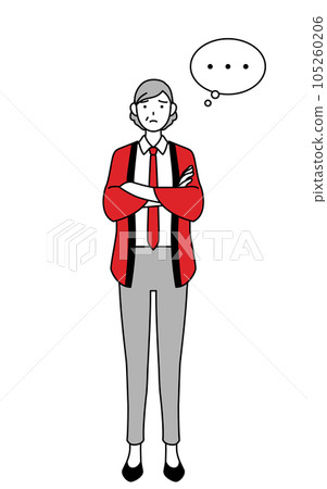 A senior saleswoman wearing a red happi coat thinking with her arms crossed 105260206